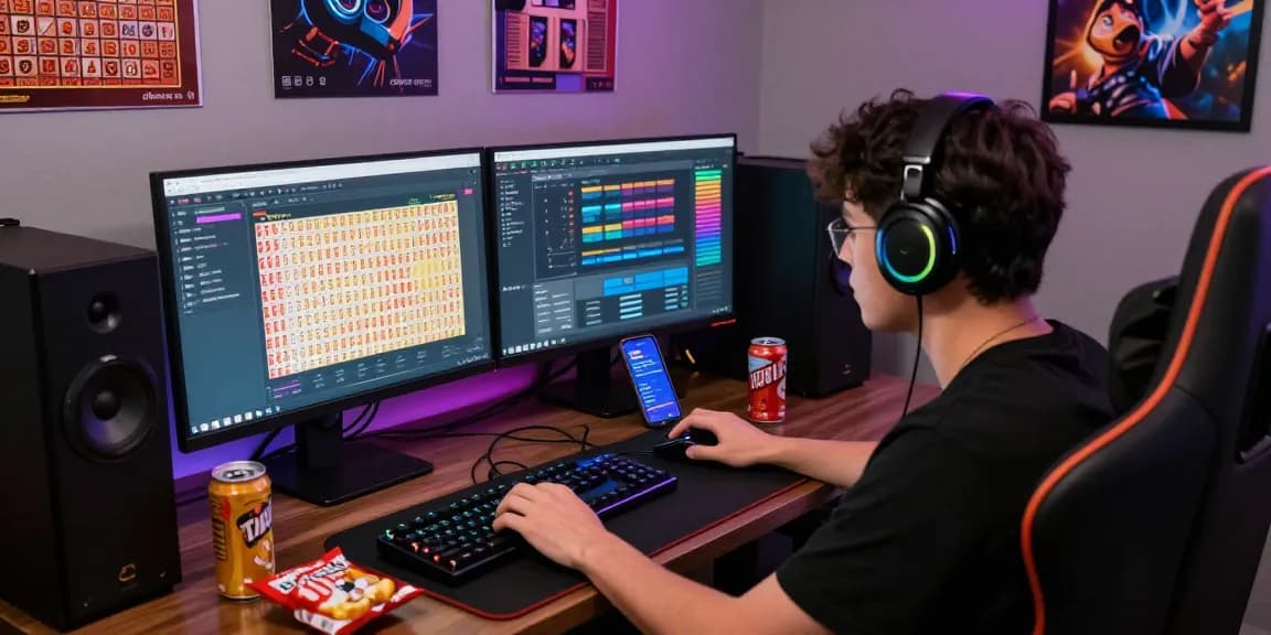 Engaging player immersed in pakde4d online lottery gaming with multiple screens and gaming gear.