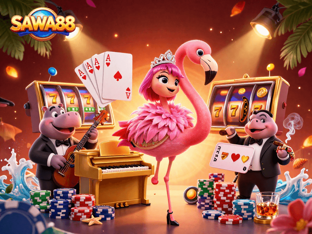 Experience SAWA888 with a vibrant 3D casino scene showcasing joyful characters amidst dynamic gambling elements.