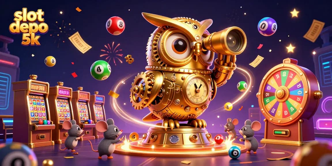 Engage with slot depo 5k as a cartoon owl oversees a bustling casino scene filled with dynamic lottery excitement and vibrant game elements.