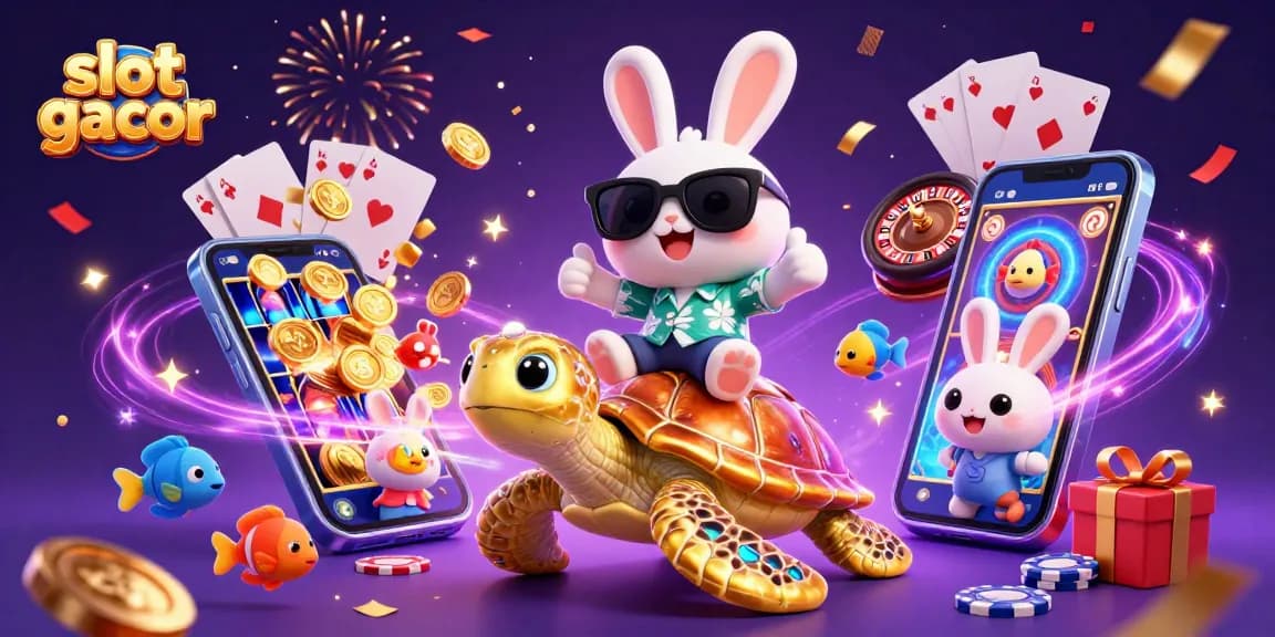Engage in thrilling gameplay with slot gacor features, as a lucky rabbit rides a gem-encrusted turtle.
