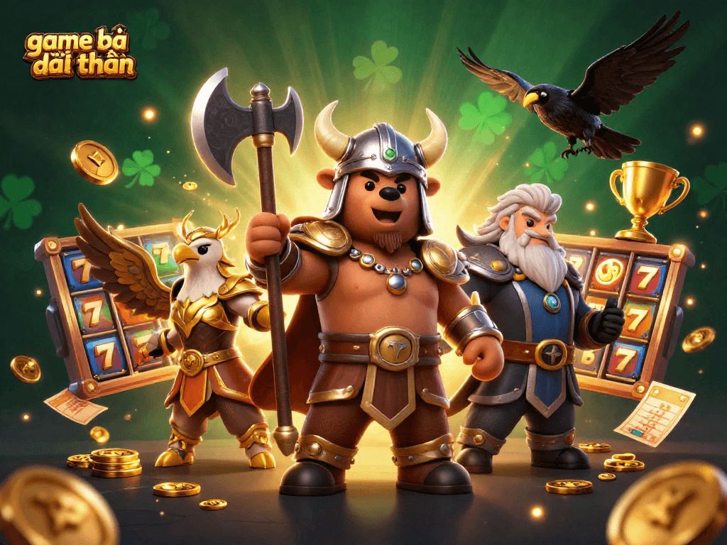 Experience game bài đổi thưởng with an epic Viking and Valkyrie in a thrilling casino adventure.