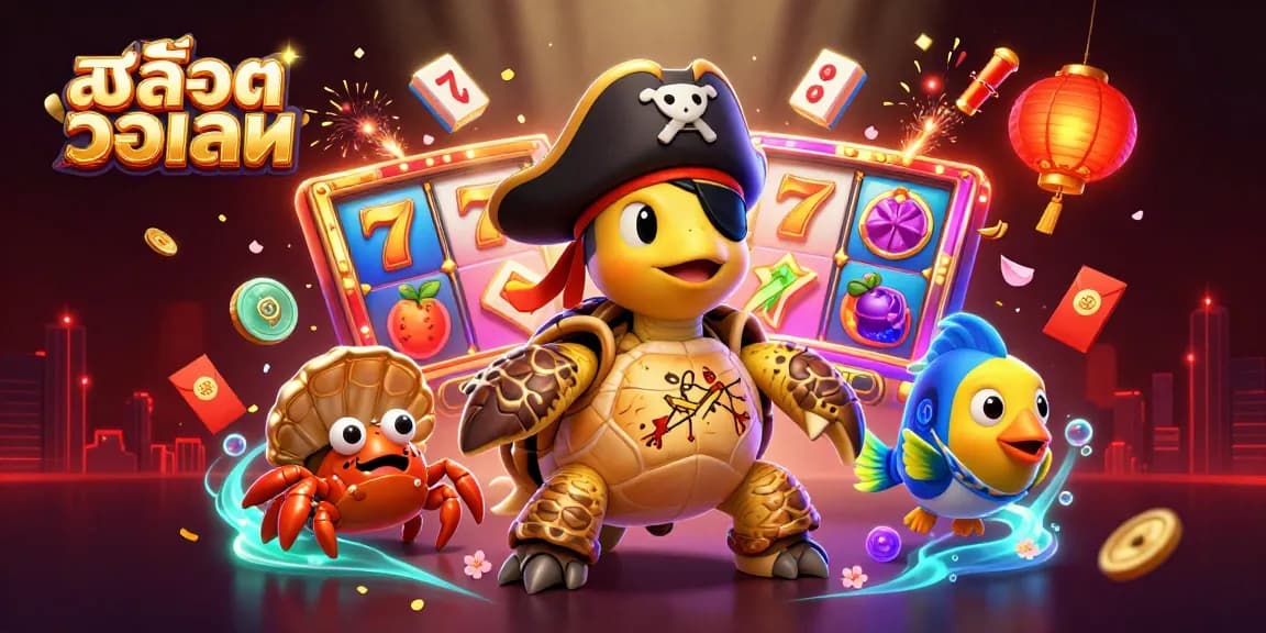 Engage with สล็อตวอเลท in this vibrant illustration featuring a pirate turtle and colorful slot elements.