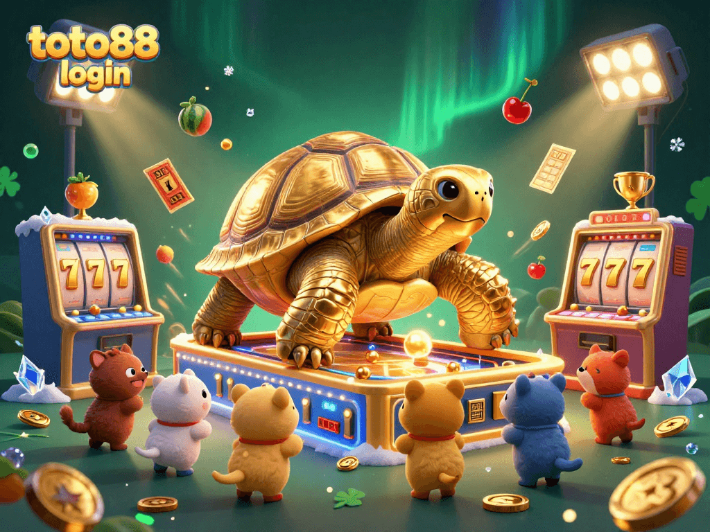Experience the thrill of gaming with toto88 login featuring a dynamic 3D scene with a golden tortoise, slot reels, and vibrant characters.