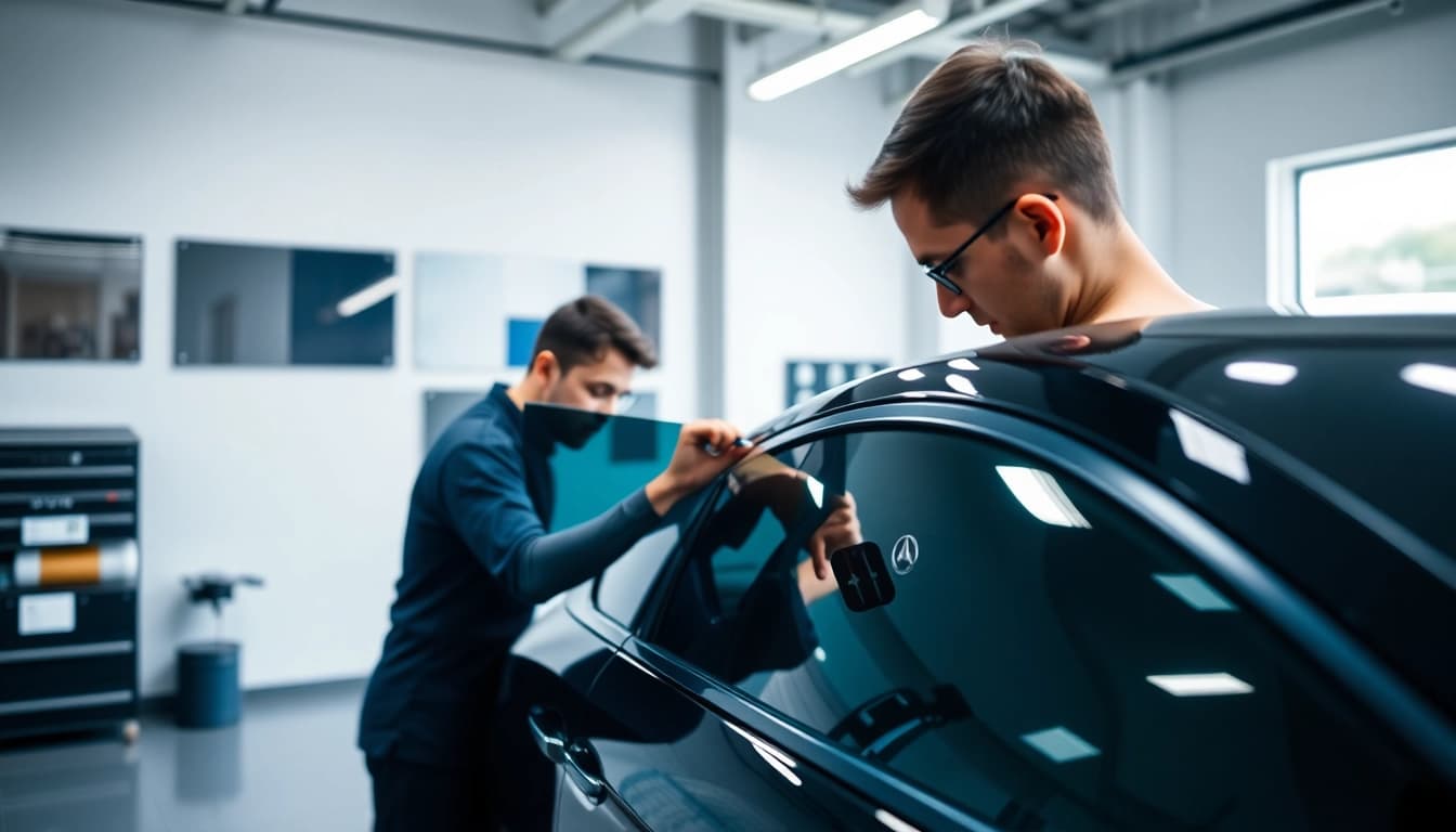 Enhance your car's privacy with auto window tint near me, featuring a technician applying high-quality film.