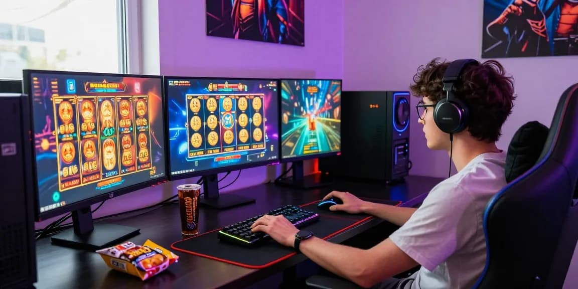 Permainan slot online di COLOKSGP, menampilkan gamer serius dengan setup modern dan suasana energik.