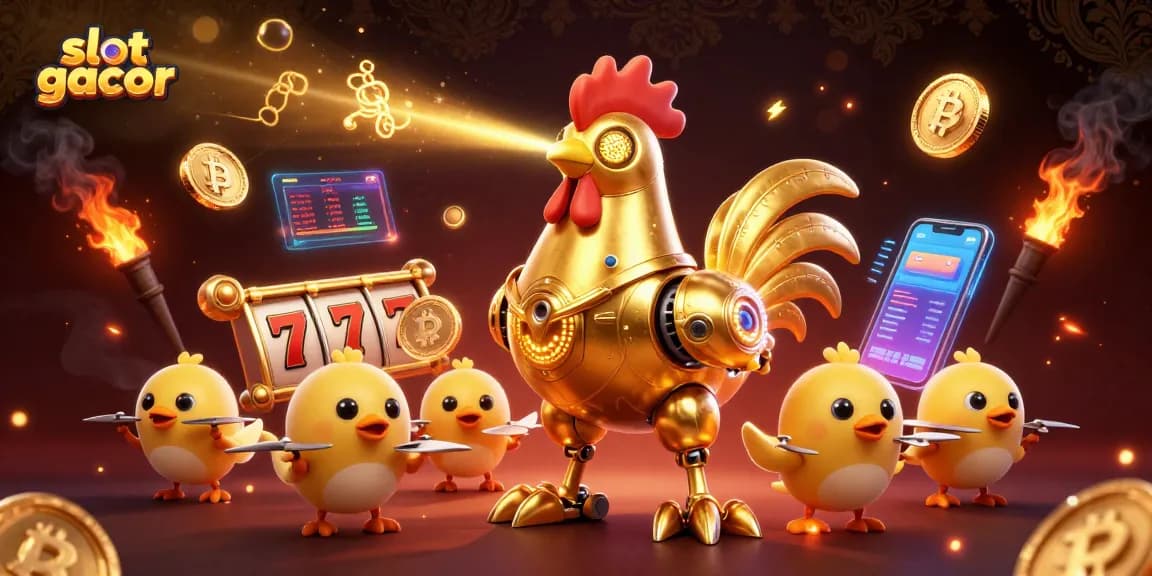 Experience exciting slot gacor action with a futuristic golden rooster robot and baby chick drones in a vibrant casino scene.