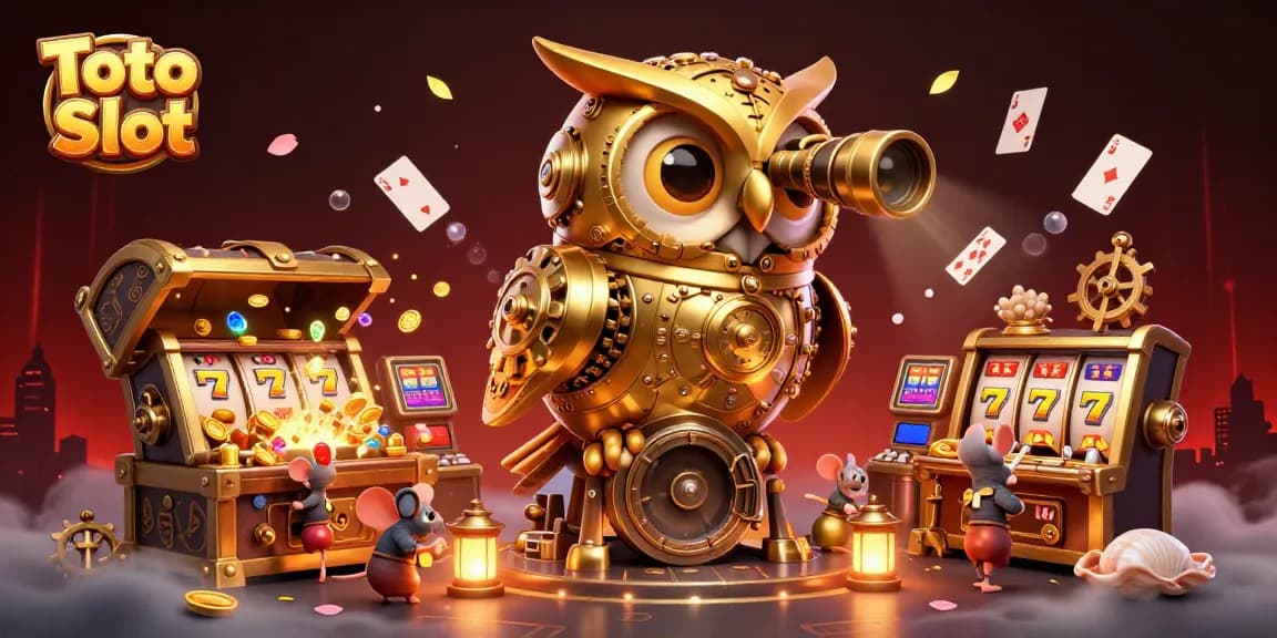 Gambarkan Toto Slot dengan burung hantu emas dan mesin slot di kasino