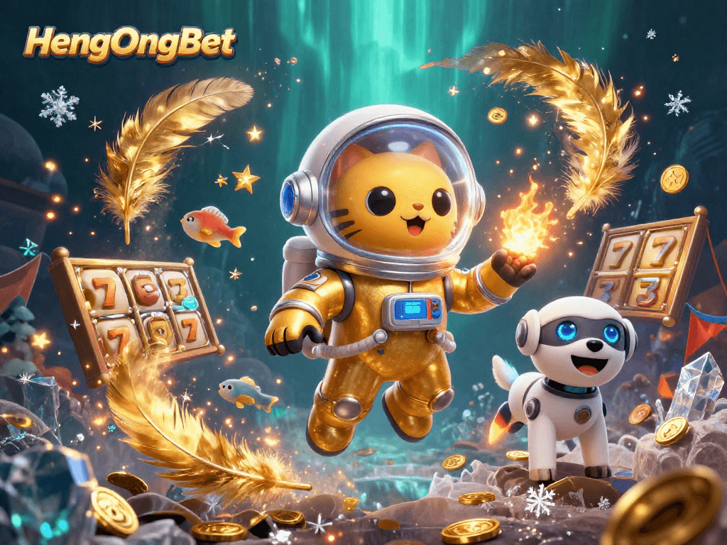 Bet on exciting slots at HengOngBet with a cosmic 3D illustration featuring an astronaut cat.