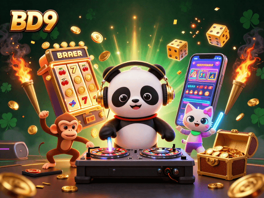 Engage in thrilling games at BD9 with our vibrant casino-themed illustration featuring dynamic characters.