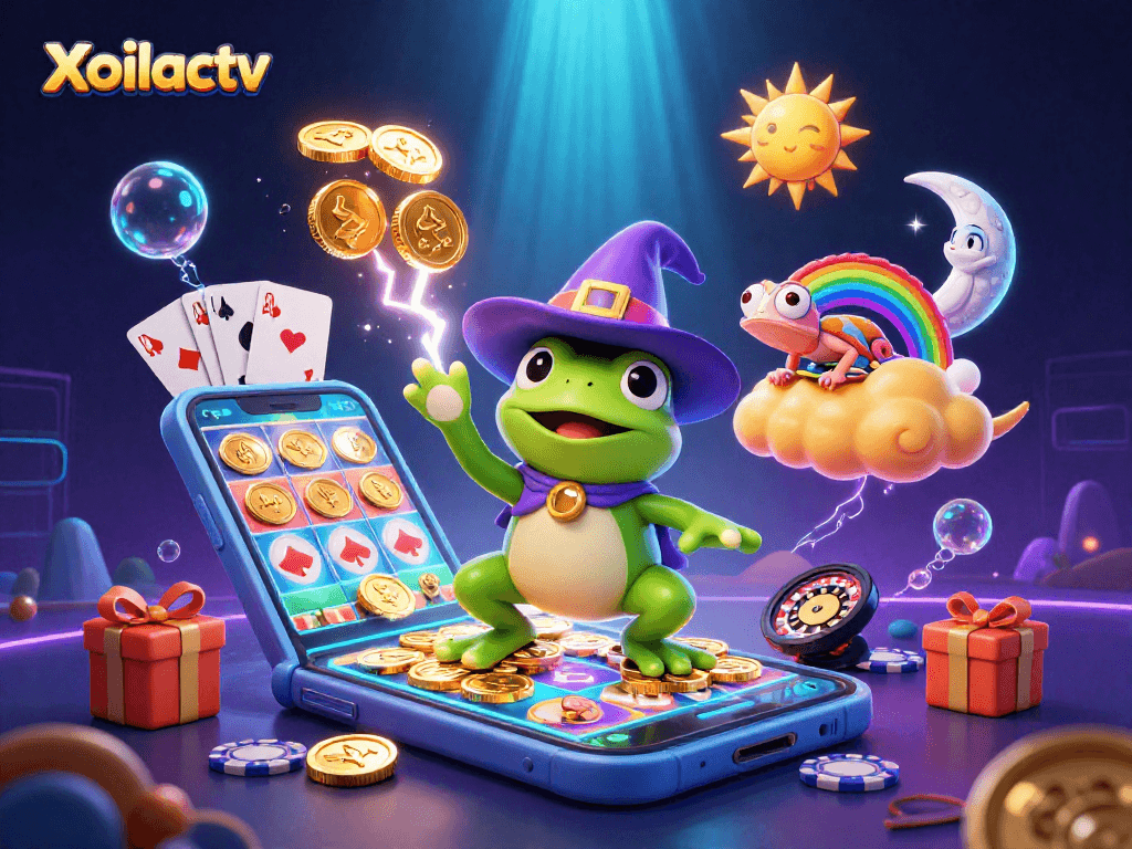 Xoilactv showcases a dynamic gaming scene with a wizard frog and colorful elements, enhancing your winning thrills.