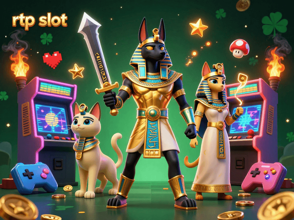 Menangkan permainan rtp slot dengan ilustrasi Anubis dan Bastet yang penuh energi di kasino.