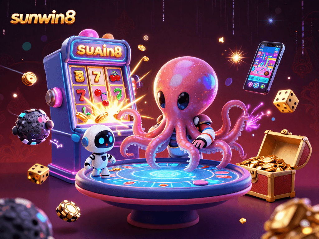 Experience thrilling gameplay on sunwin8 with a dynamic 3D casino illustration full of action.