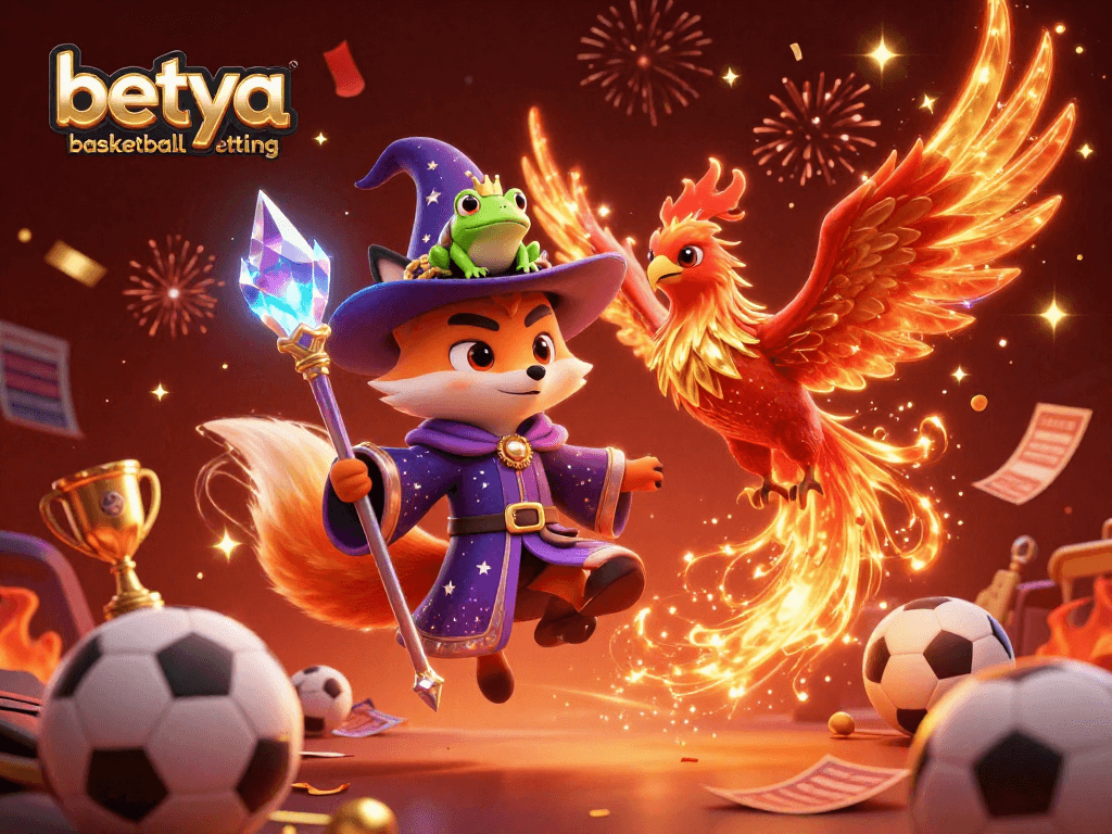 Betya basketball betting scene with a wizard, phoenix, and enchanted frog amidst sports elements.