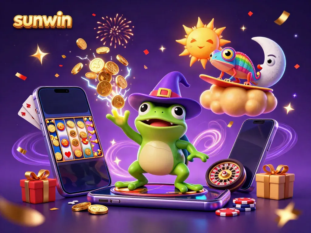 Sunwin offers thrilling gaming excitement with golden coins, a vibrant chameleon, and dynamic casino elements.