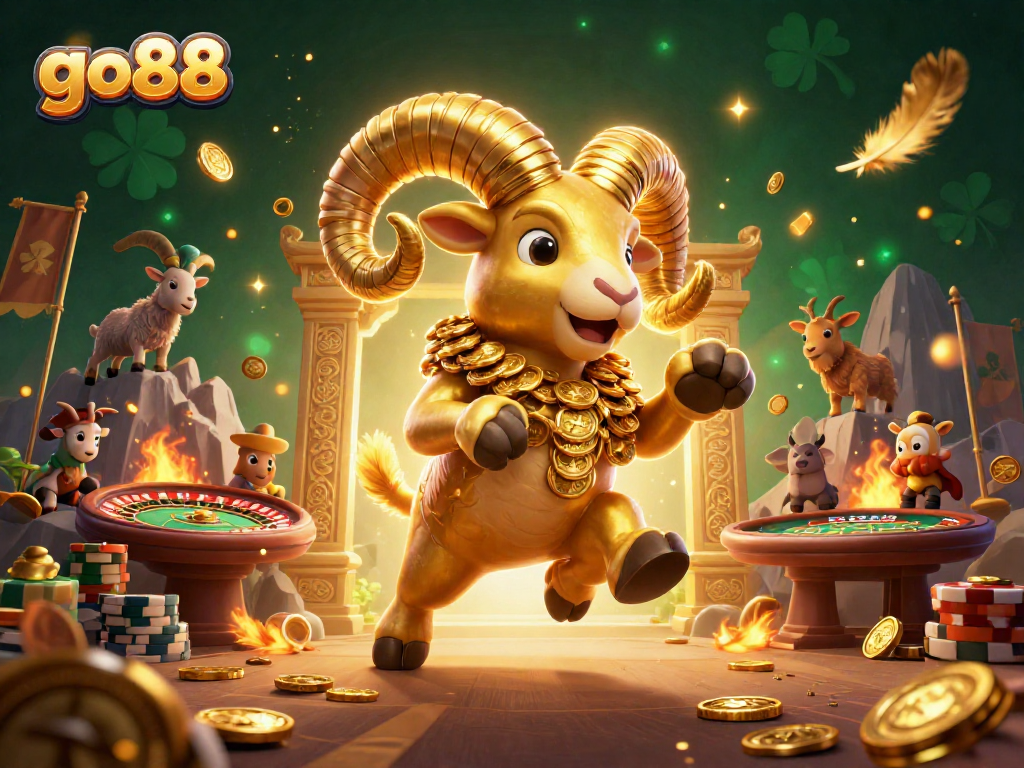 Experience the thrill of go88 as a massive golden ram charges through a vibrant live casino scene.