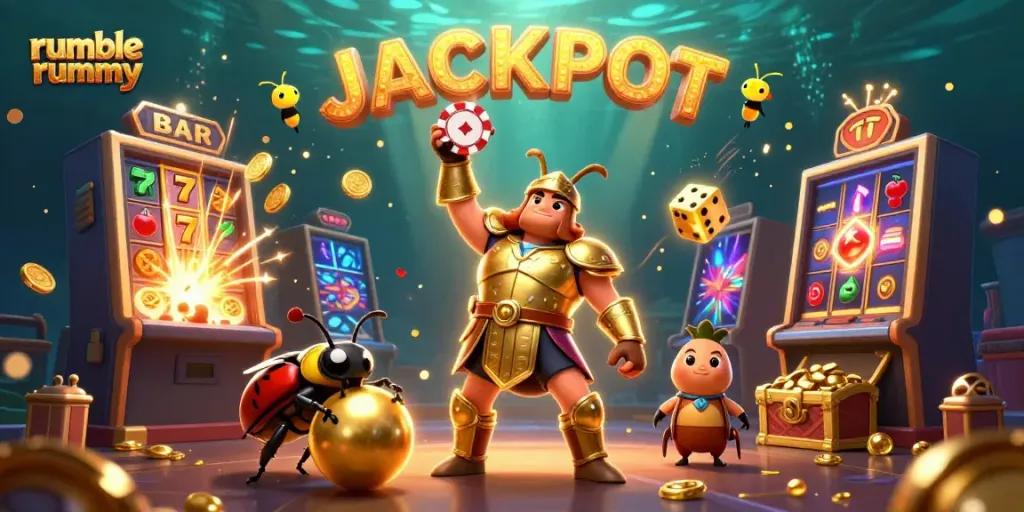 Experience the excitement of rumble rummy as a triumphant beetle lifts a poker chip amidst a vibrant casino scene.