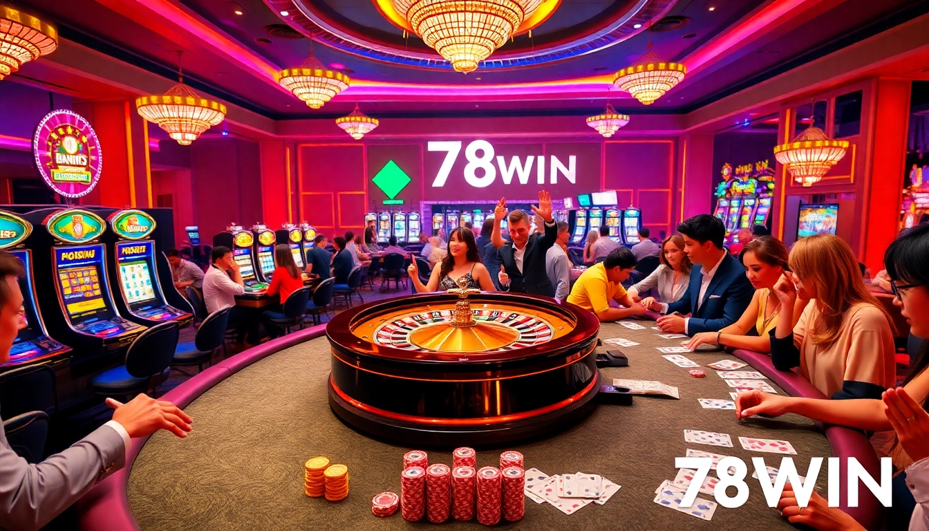 Gambling scene with 78WIN branding, featuring a roulette wheel and excited players.