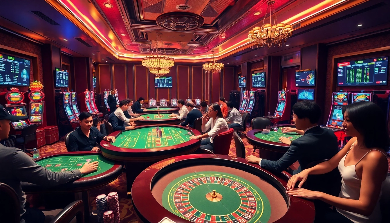 Players engaged in exciting gameplay at HM88 online casino, showcasing vibrant tables and thrilling slots.