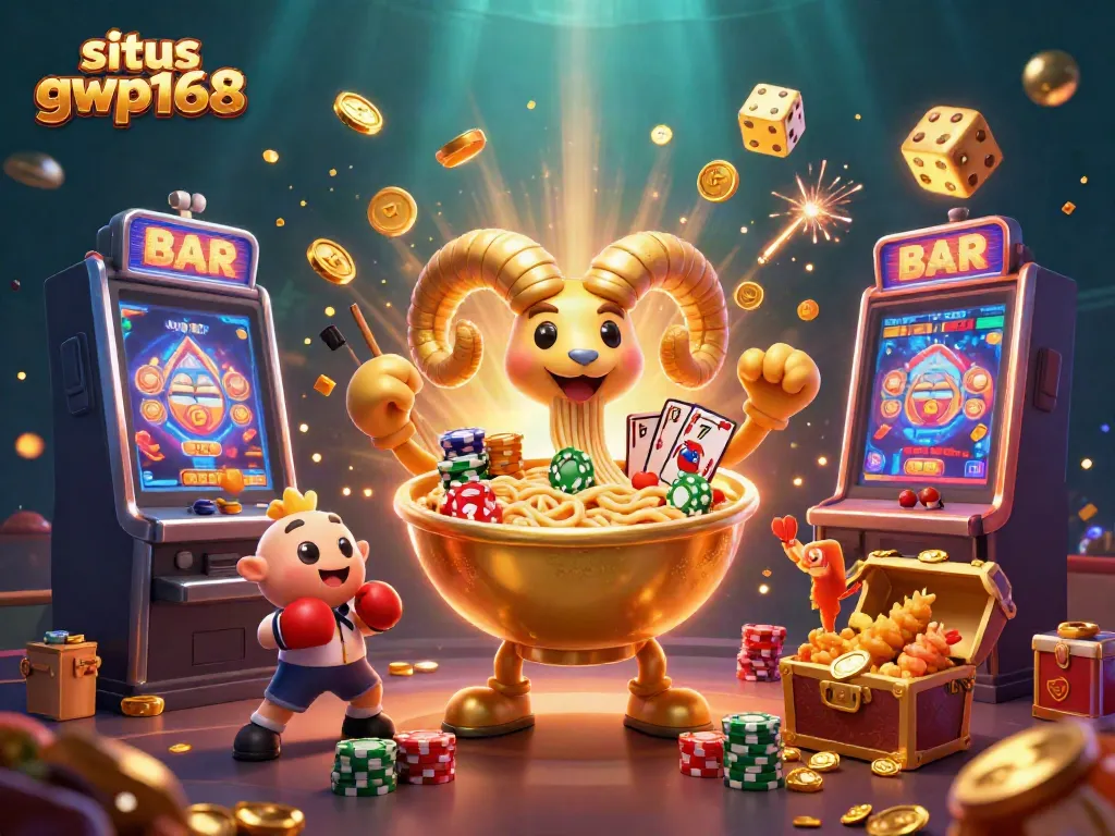 Gambaran situs gwp168 yang menarik dengan karakter kartun kasino dalam suasana meriah.