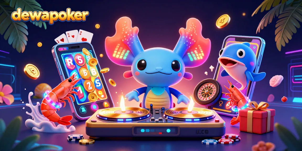 Dewapoker presents a vibrant online casino scene with a neon axolotl DJ and interactive slot games.