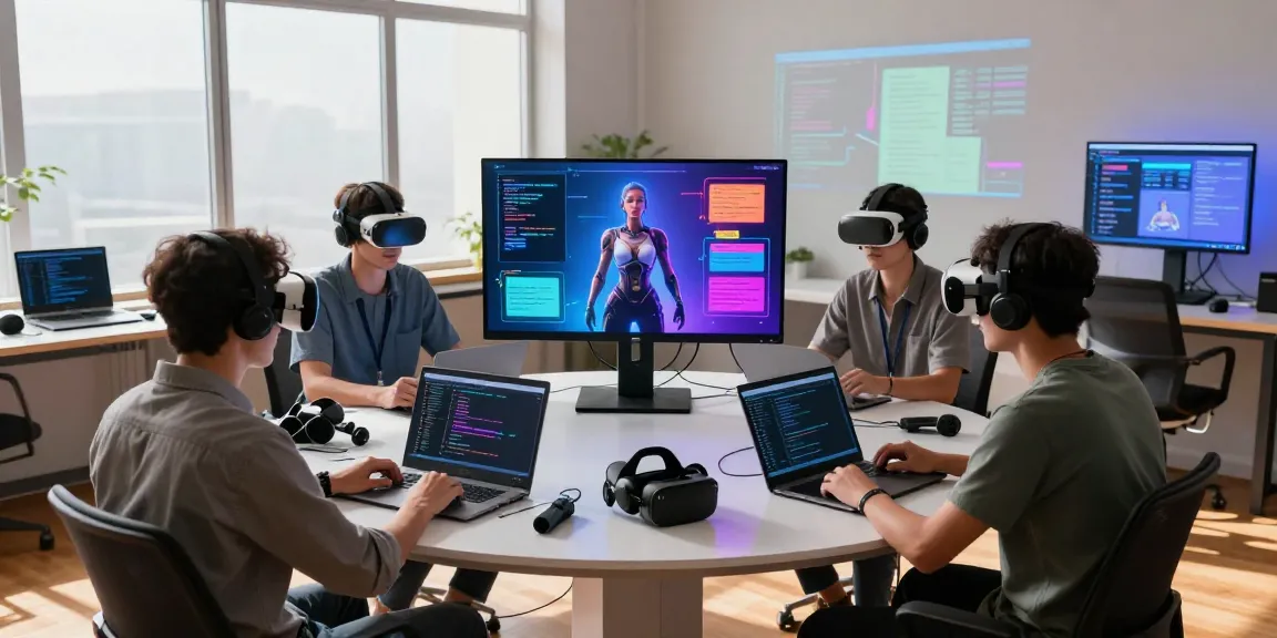 Developers collaborating on NSFW AI technology at a vibrant workspace, showcasing innovative design and interactive elements.
