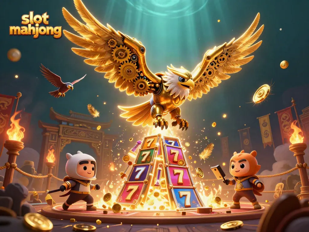 Experience the thrill of slot mahjong in a vibrant casino environment with gold coins, slot reels, and a majestic eagle.