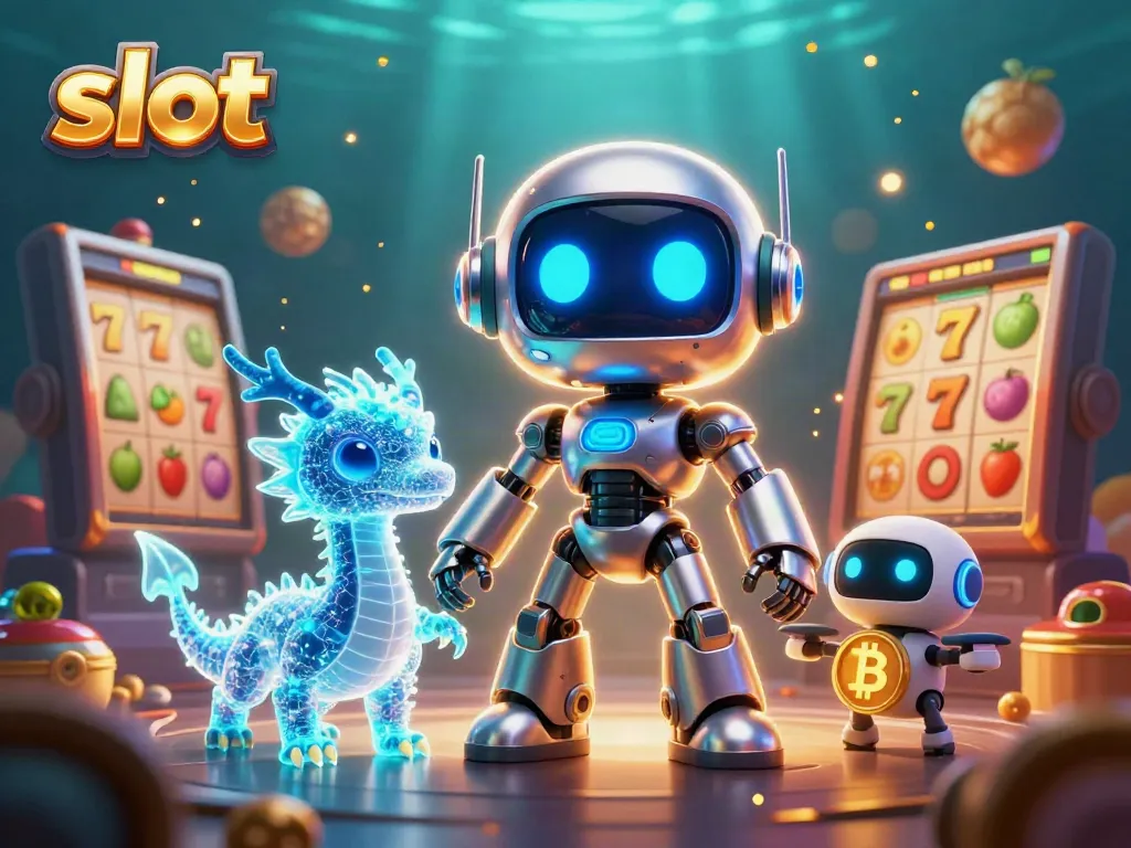 Experience the thrill of slot machines with this vibrant 3D illustration featuring futuristic characters and casino elements.