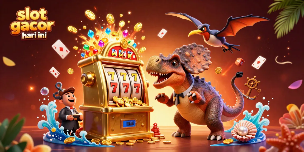 Menangkan slot gacor hari ini saat dinosaurus lucu bermain mesin slot emas di kasino yang penuh harta.