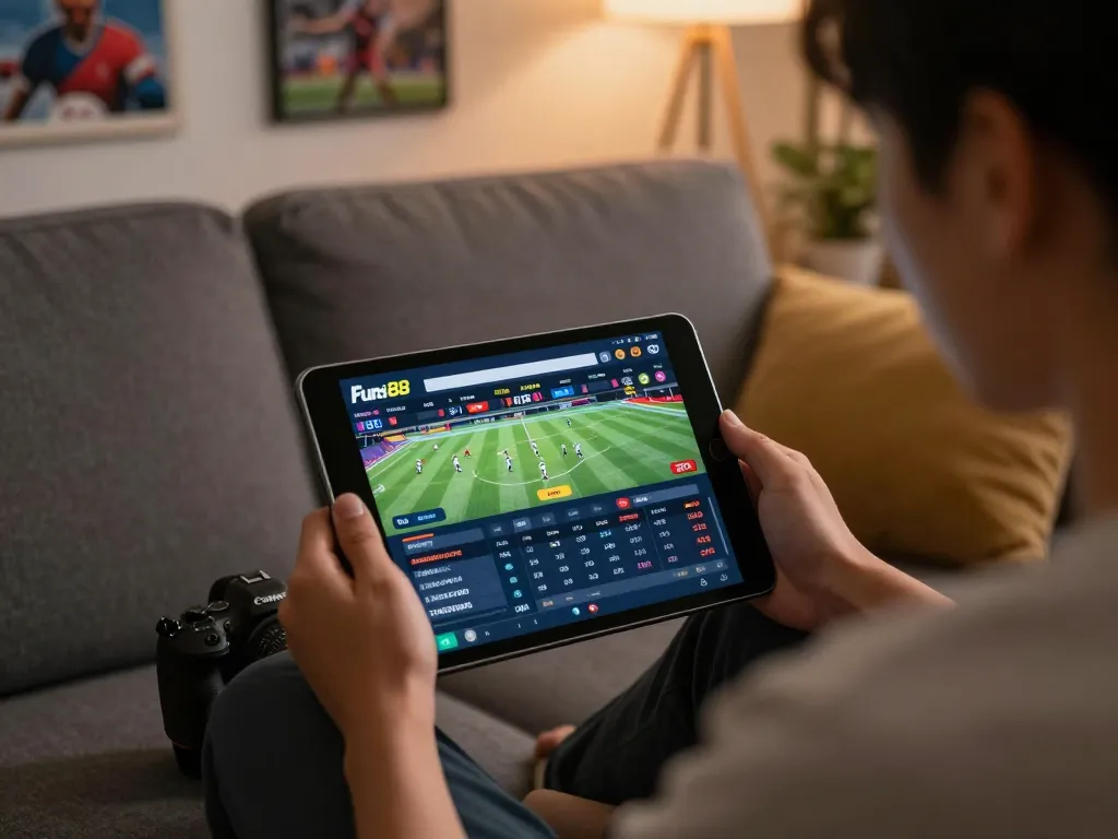 Engaging in live sports betting with the Fun88 com app on a tablet, showcasing active odds and scores in a cozy home setting