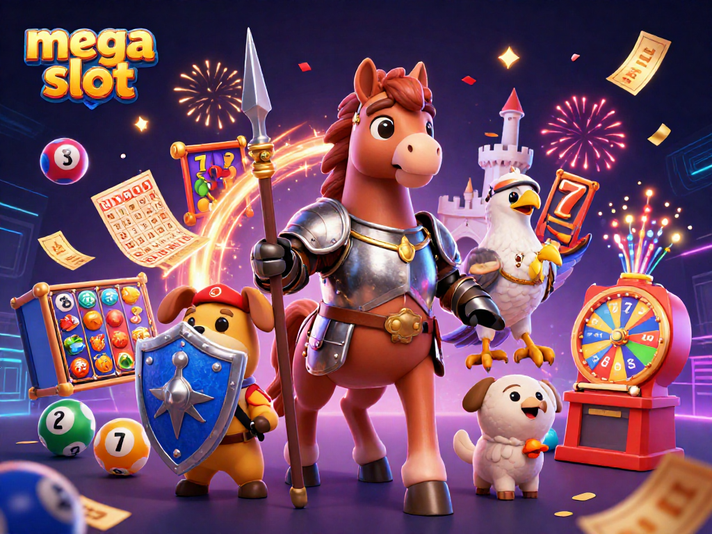 Spin the mega slot reels with excitement surrounded by vibrant gaming elements and a celebratory atmosphere.