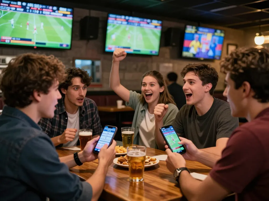 Excited fans engaging in sports betting with soi keo nha cai displayed on screens and smartphones