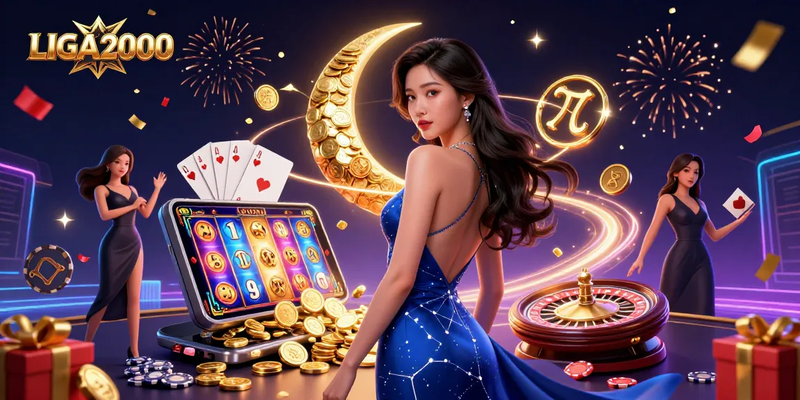 LIGA2000 menampilkan adegan kasino 3D yang hidup dengan wanita Asia yang anggun, keseruan permainan slot, dan elemen perayaan yang kaya.