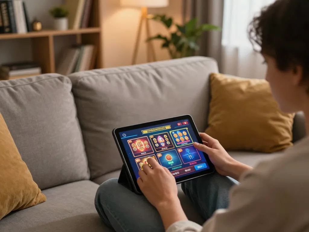 A person engages with a trustworthy online casino app, showcasing a nhà cái uy tín gaming experience on a tablet in a cozy living room.