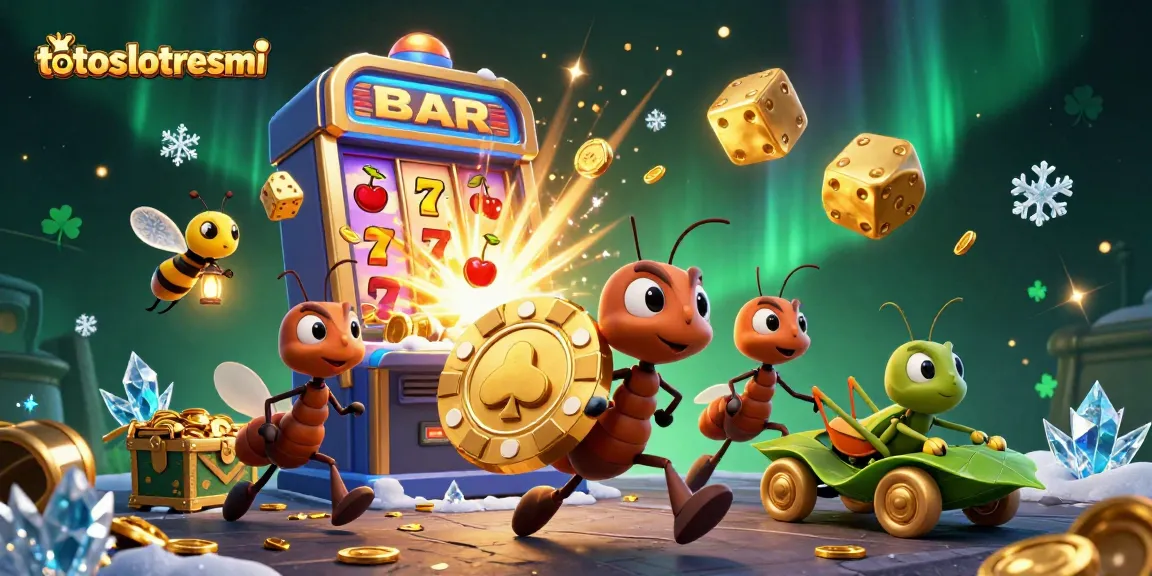 Engage in strategic gameplay with totoslotresmi in this thrilling scene featuring animated ants and jackpot symbols.