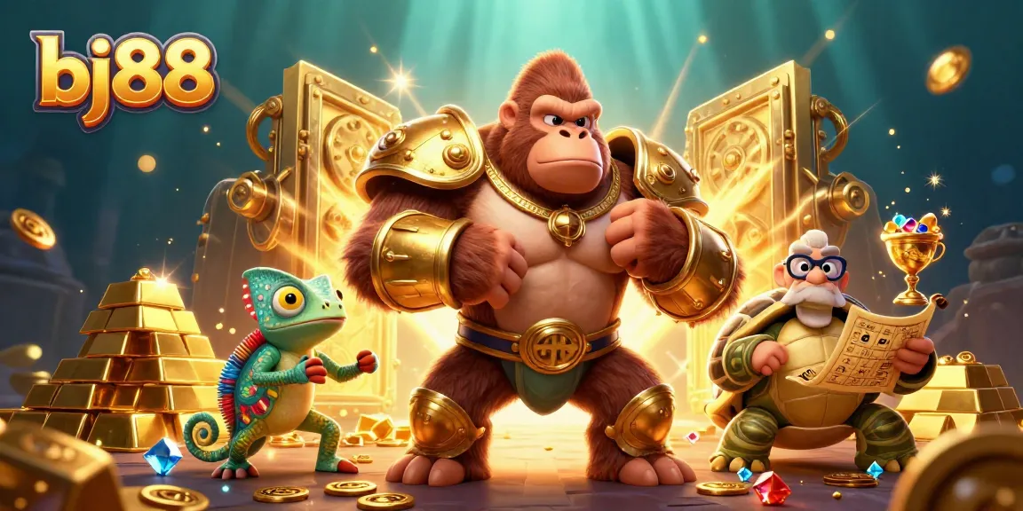 Experience thrilling victories at bj88 with a vibrant casino scene showcasing fantasy characters and treasure.