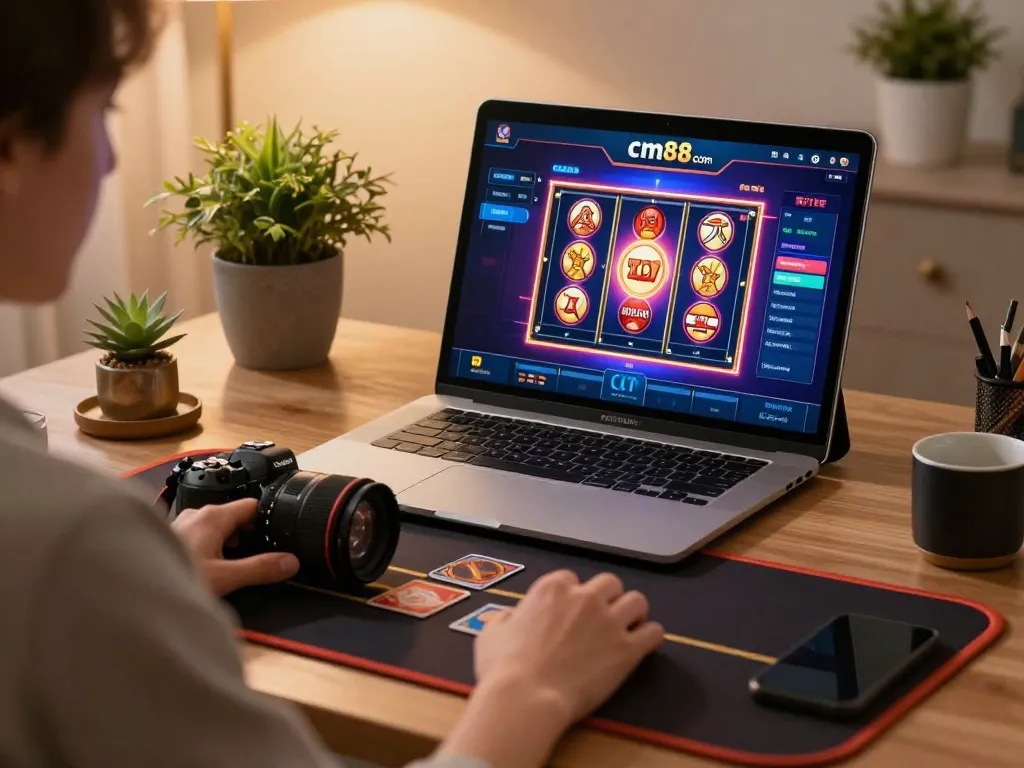 Engaging in exciting gameplay on cm88 com with vibrant slot machine graphics in a cozy home setting