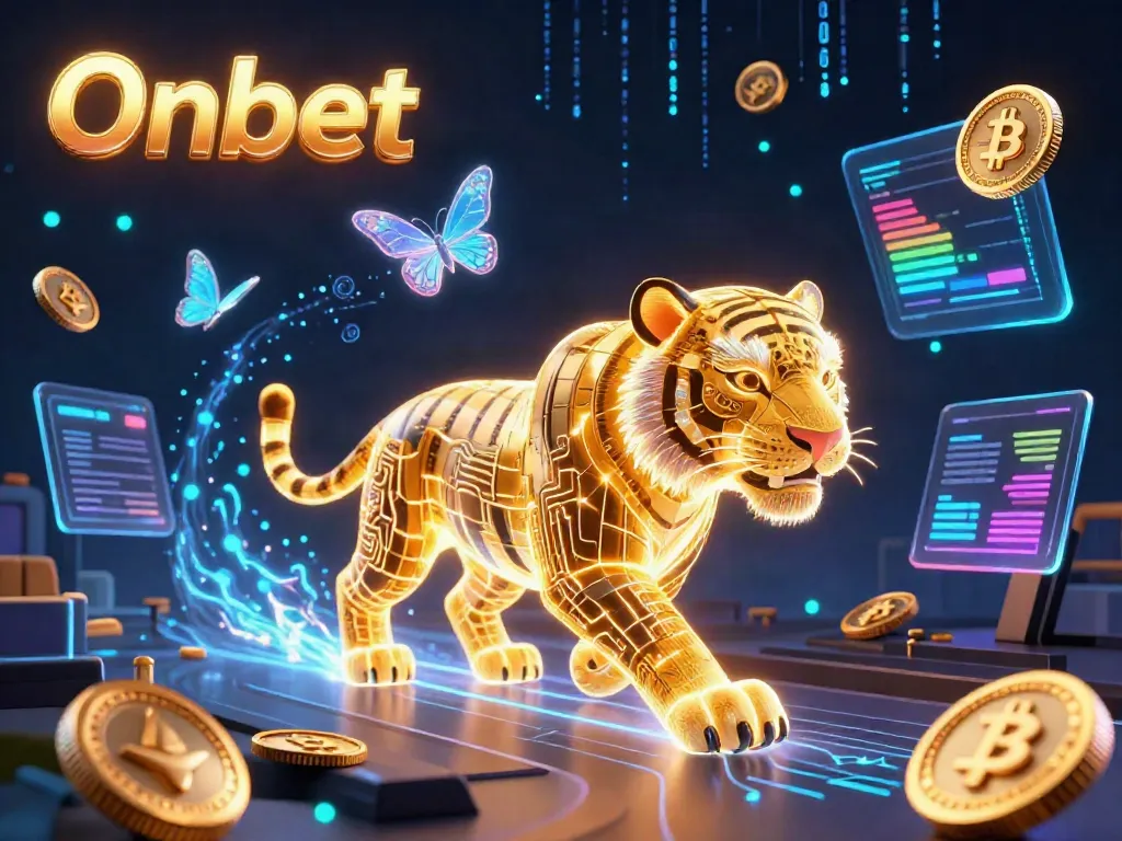 Experience thrilling wins at Onbet with a neon-wireframe golden tiger and crypto coins in a vibrant casino.