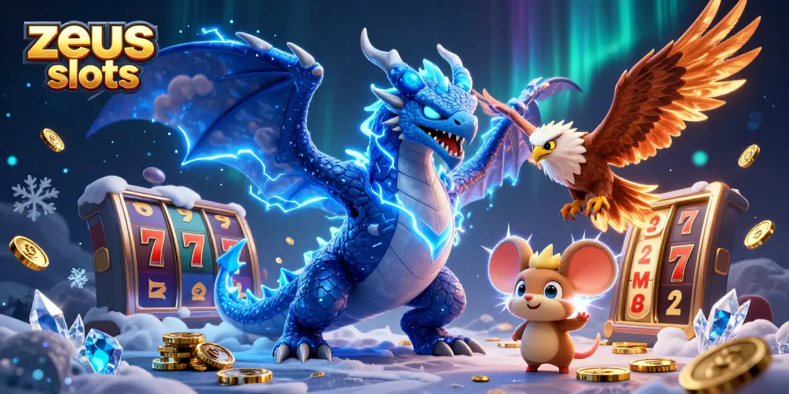 Experience zeus slots excitement with a dynamic 3D illustration of a thunder dragon, wind hawk, and thunder mouse