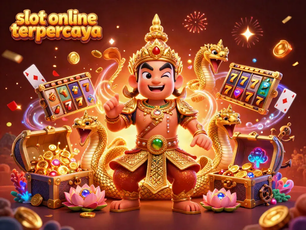 Bermain di slot online terpercaya dengan karakter penjaga kuil Thailand dan naga ceria di latar belakang yang penuh warna.