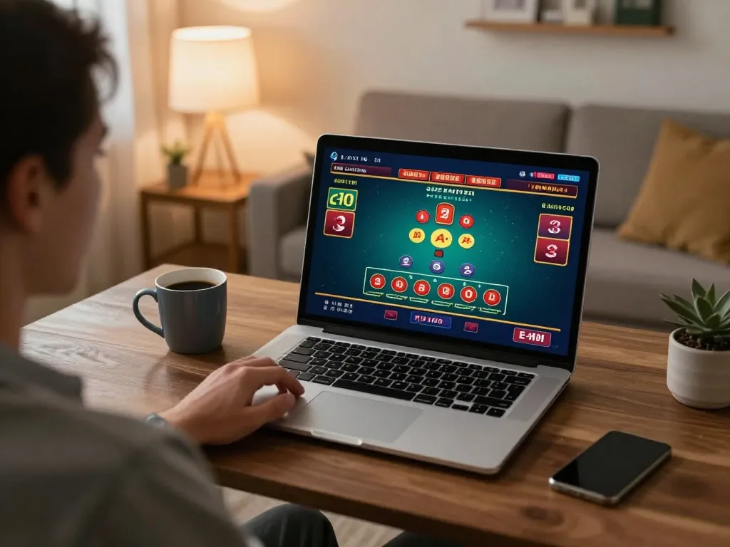 Player engaged with tr88 online baccarat game on laptop, enjoying a cozy home atmosphere.