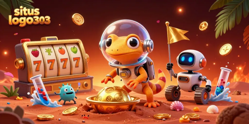 Menyajikan situs logo303, gecko Martian 3D mengeksplorasi kasino emas dengan simbol slot mengelilinginya