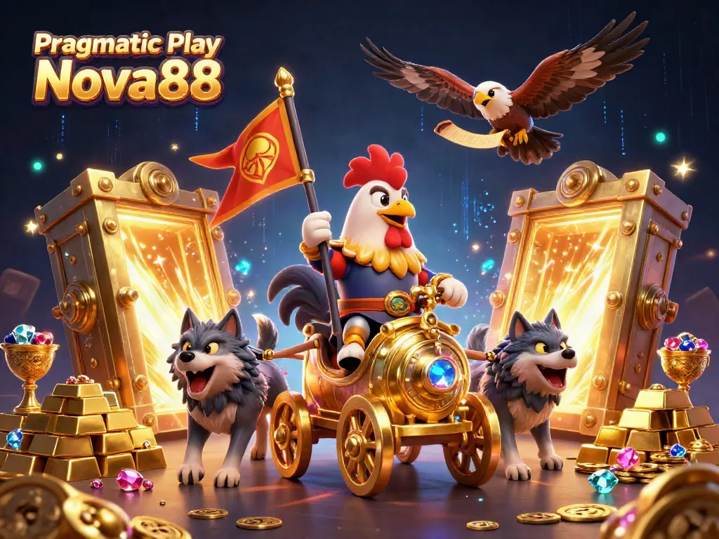 Experience thrilling action with Pragmatic Play Nova88, featuring a colorful slot scene of a rooster warlord in a golden chariot.