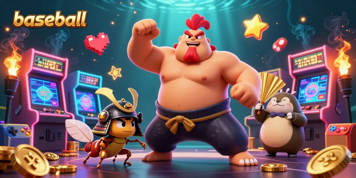 Engage in baseball betting as a dynamic rooster sumo wrestler stomps amidst vibrant arcade game elements.