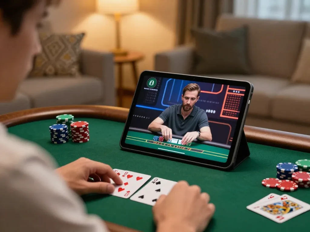 Playing online poker at home with NHÀ CÁI F168 on tablet and poker chips around.