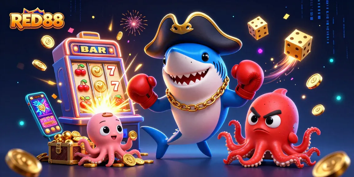 Engage with RED88's exciting online slots and bonuses in this vibrant casino-themed illustration.