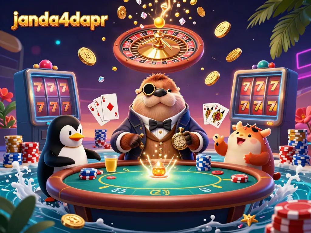 Ulasan janda4dapr dengan karakter lucu di meja poker berlatarkan kasino digital yang ceria.