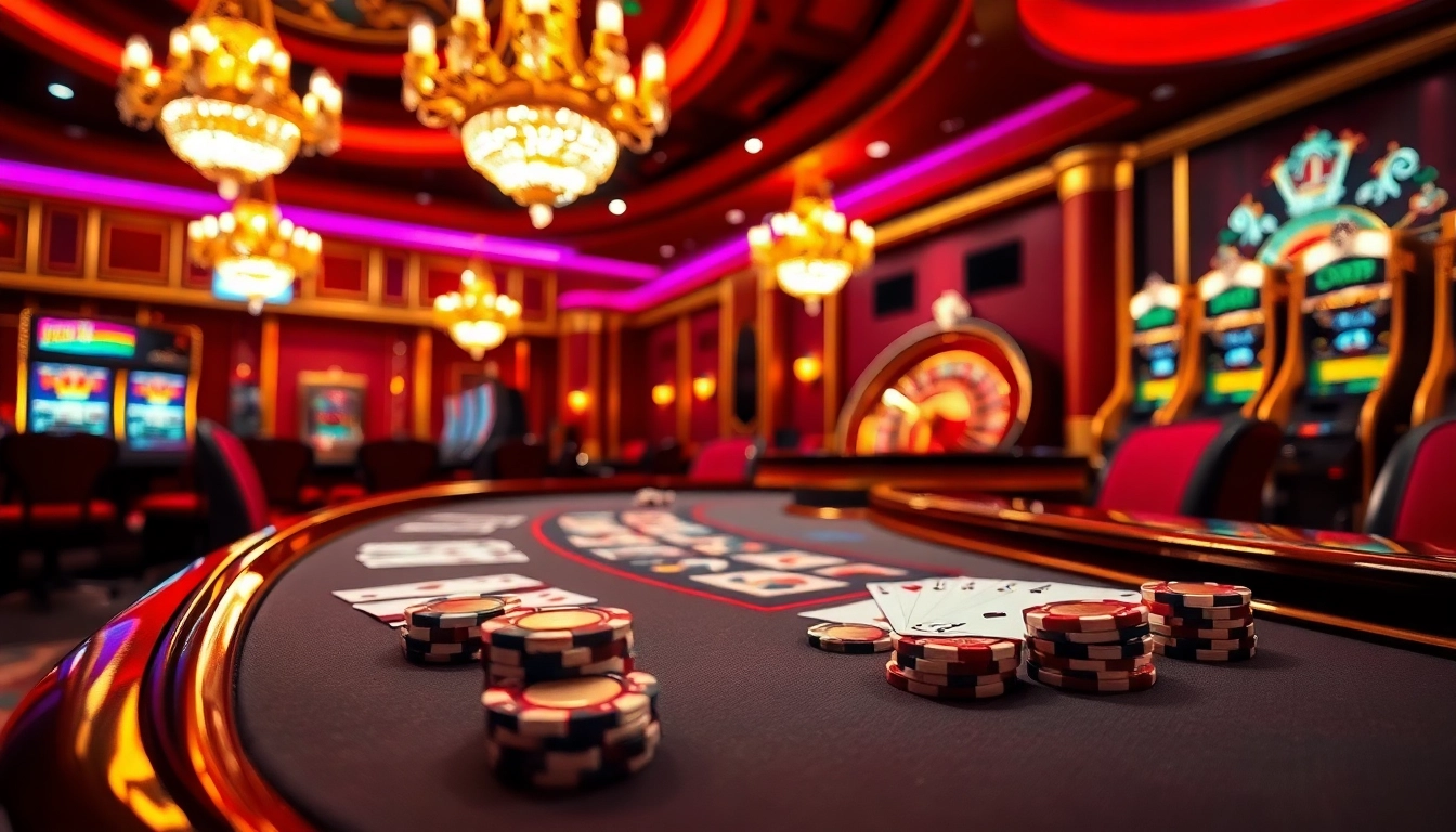 Berinteraksi dengan suasana kasino datukwin yang menampilkan chip poker dan roda roulette bersinar.