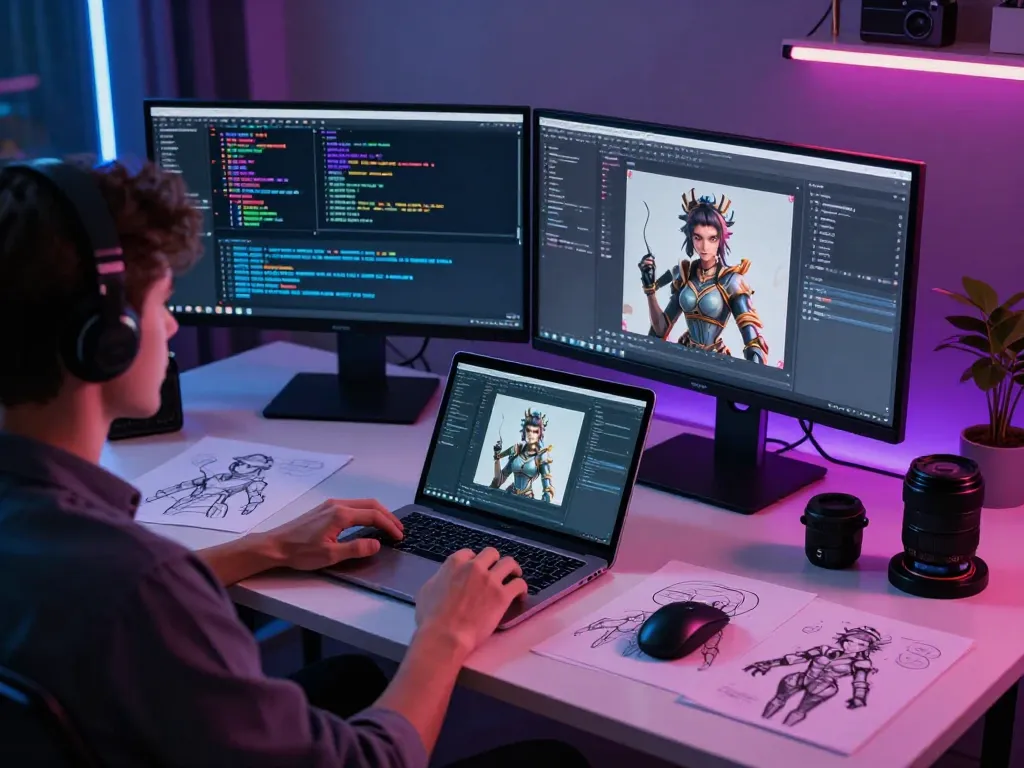 Innovative NSFW AI development workspace showcasing vibrant tech elements and dynamic interaction.