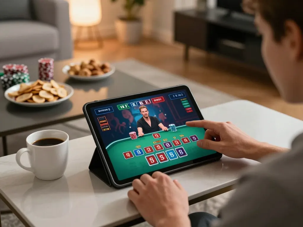 Player enjoying a thrilling live blackjack game on a tablet, showcasing Sun win strategy at home