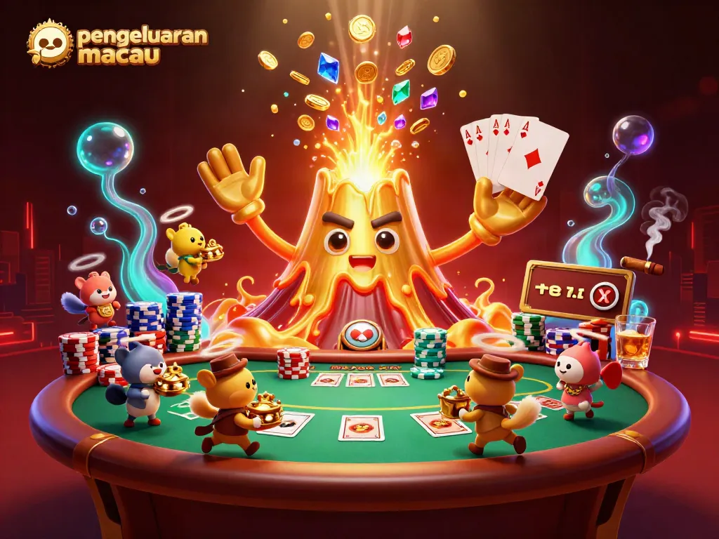 Menampilkan pengeluaran macau dalam ilustrasi 3D dengan gunung berapi emas yang memuntahkan koin dan harta karun.